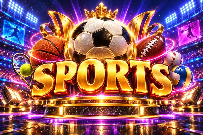Gold sports arena with illustrated balls and neon lights — original concept illustration