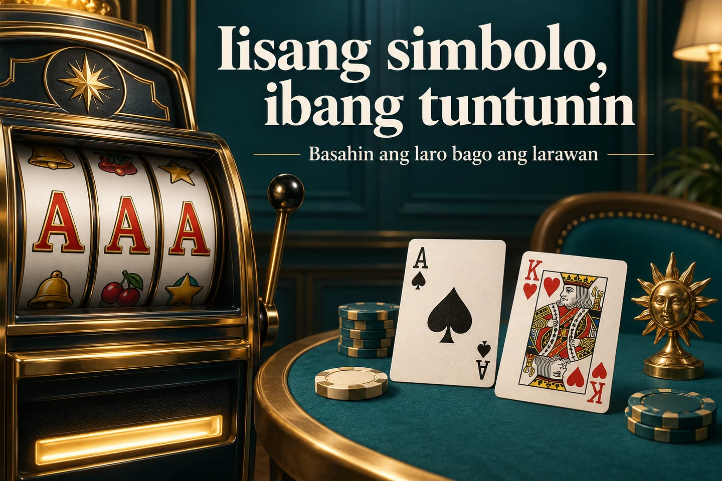Konseptuwal na slot cabinet na may mga A at table na may ace at king, sa teal at gintong kulay.