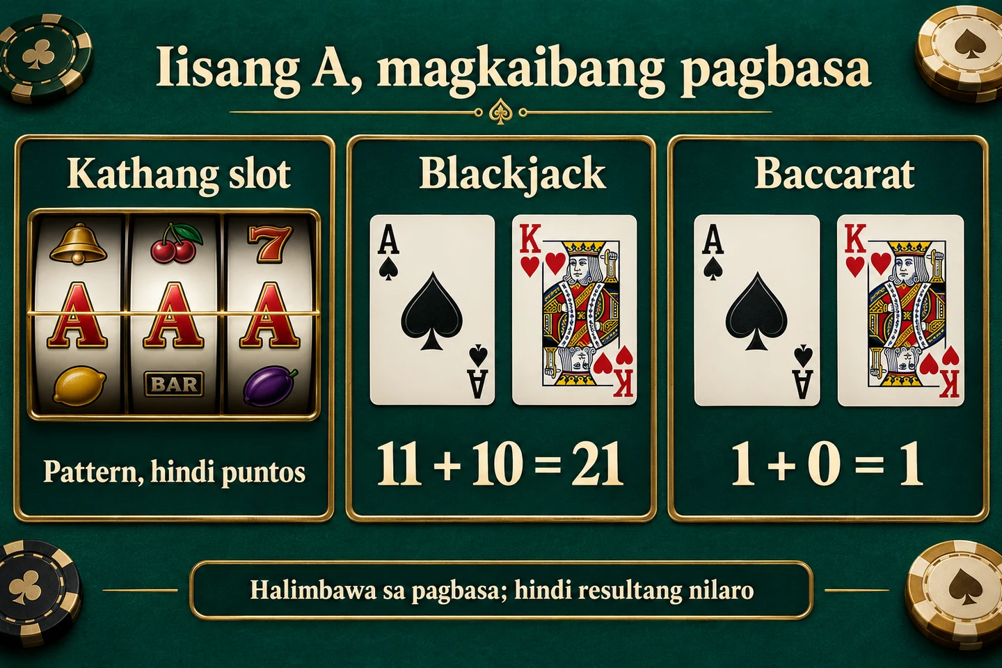 Tatlong magkahiwalay na paghahambing: pattern ng kathang slot, A+K na 21 sa blackjack, at A+K na 1 sa baccarat.