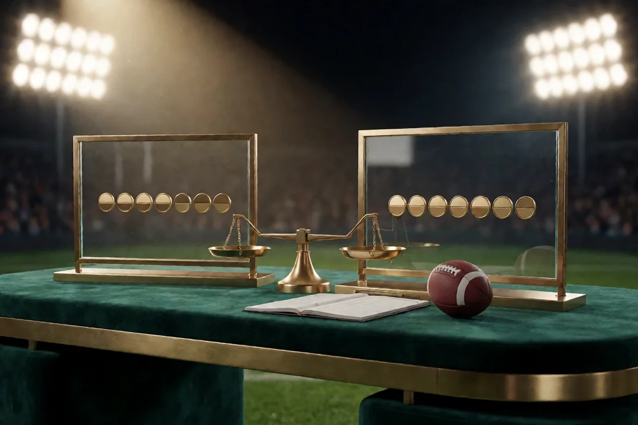 Two brass framed glass panels with gold half-token rows on a green velvet desk, a brass balance between them, a football and an open ledger, under stadium floodlights