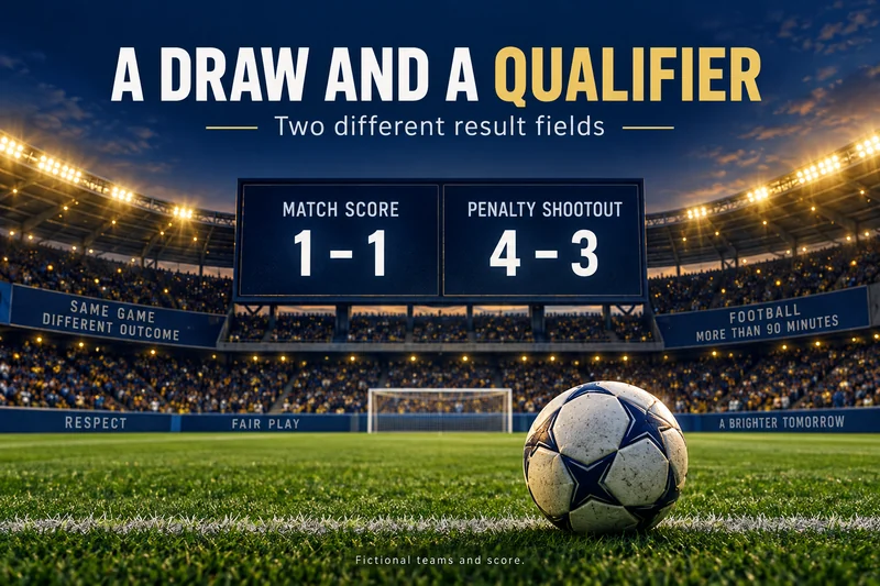 Fictional football scoreboard keeps a one-all match score separate from a four-three shootout.