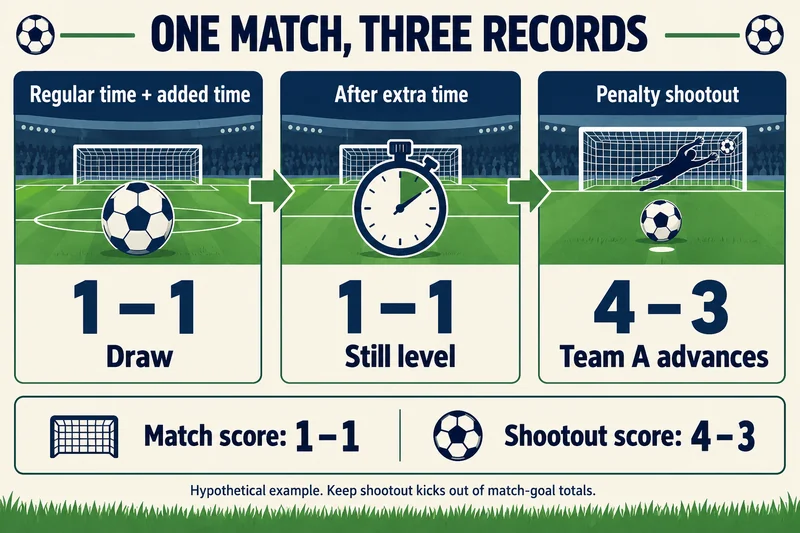 A timeline records a one-all regular-time draw, one-all after extra time and Team A advancing four-three on penalties.
